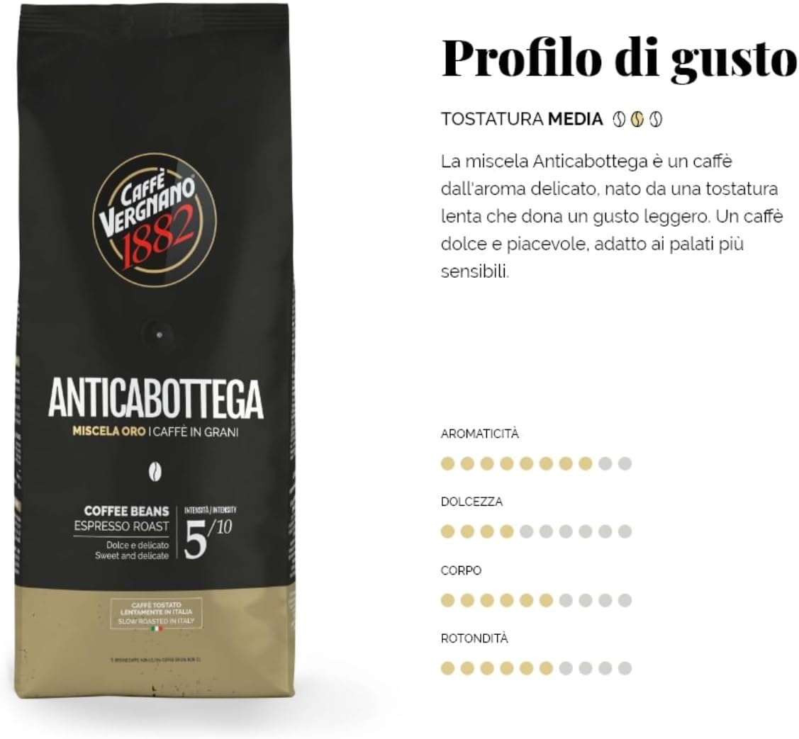 Caffè Vergnano 1882 Caffè in Grani Anticabottega, Miscela Oro - 1 confezione da 1 Kg