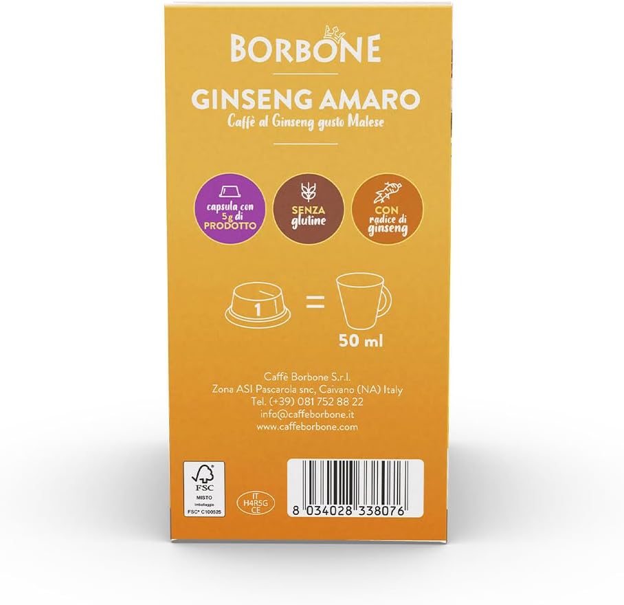 Caffè Borbone Ginseng Amaro - Senza Zuccheri aggiunti - 16 Capsule - Compatibili con macchine ad uso domestico Lavazza®* A Modo Mio®*