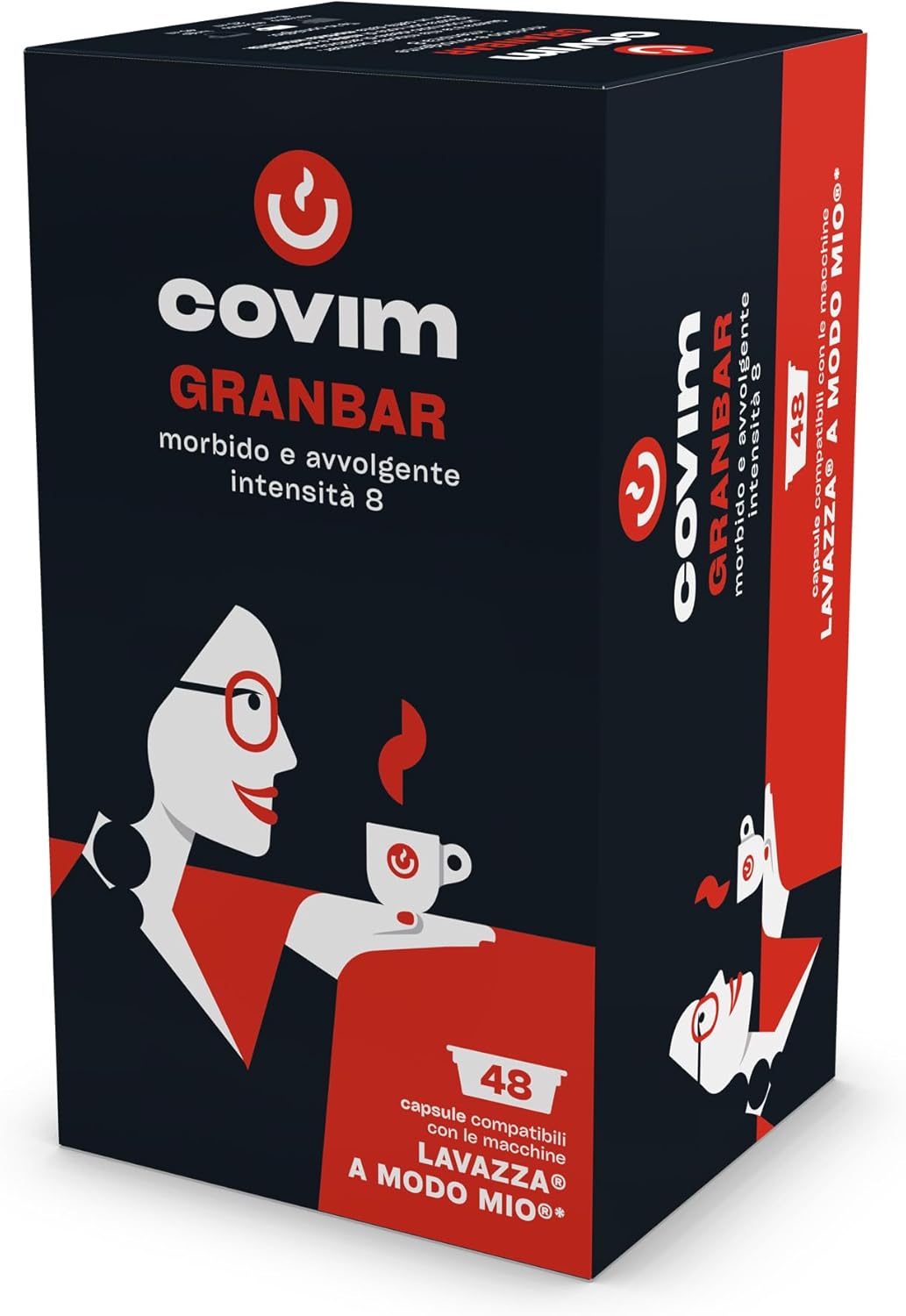 Covim Caffè - Capsule di Caffè Granbar, 96 Capsule Monodose (2x48pz), Intensità 8, Compatibili con Lavazza A Modo Mio, Espresso Intenso con Note di Miele e Cereali