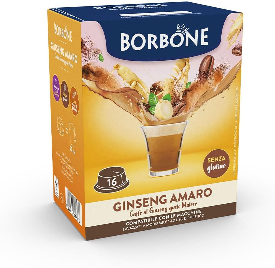 Caffè Borbone Ginseng Amaro - Senza Zuccheri aggiunti - 16 Capsule - Compatibili con macchine ad uso domestico Lavazza®* A Modo Mio®*