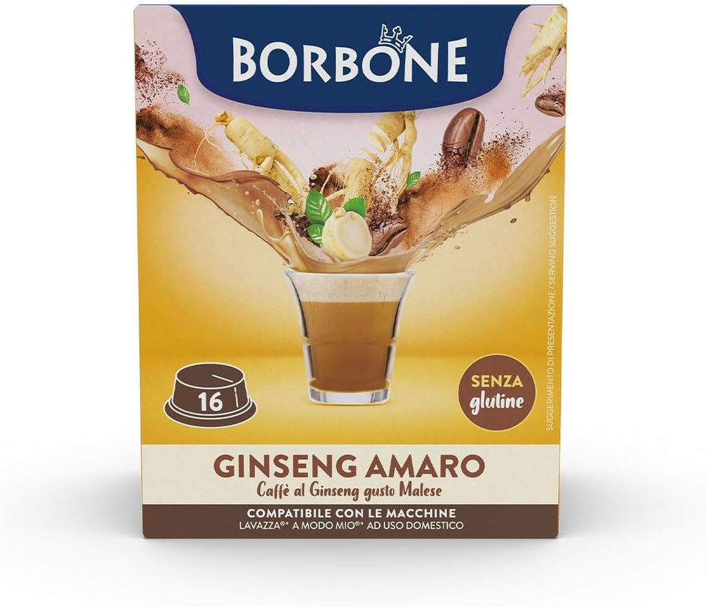 Caffè Borbone Ginseng Amaro - Senza Zuccheri aggiunti - 16 Capsule - Compatibili con macchine ad uso domestico Lavazza®* A Modo Mio®*
