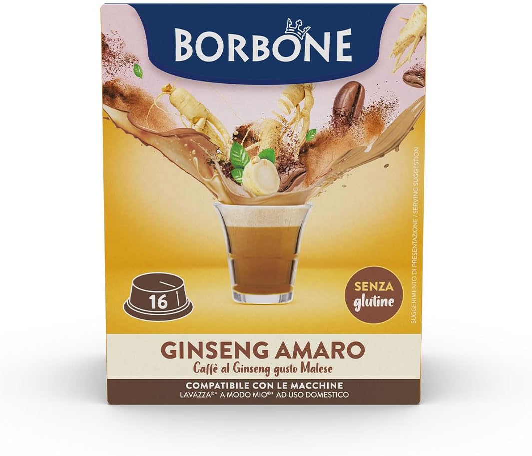 Caffè Borbone Ginseng Amaro - Senza Zuccheri aggiunti - 16 Capsule - Compatibili con macchine ad uso domestico Lavazza®* A Modo Mio®*