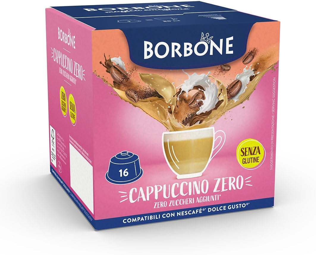 Caffè Borbone Cappuccino Zero - Zero Grassi, Zero Zuccheri, Zero Glutine - 16 Capsule - Compatibili con macchine ad uso domestico Nescafè®* Dolce Gusto®*