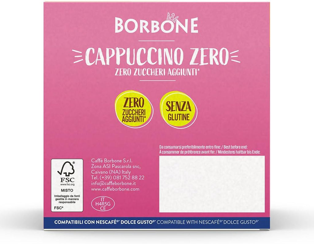 Caffè Borbone Cappuccino Zero - Zero Grassi, Zero Zuccheri, Zero Glutine - 16 Capsule - Compatibili con macchine ad uso domestico Nescafè®* Dolce Gusto®*