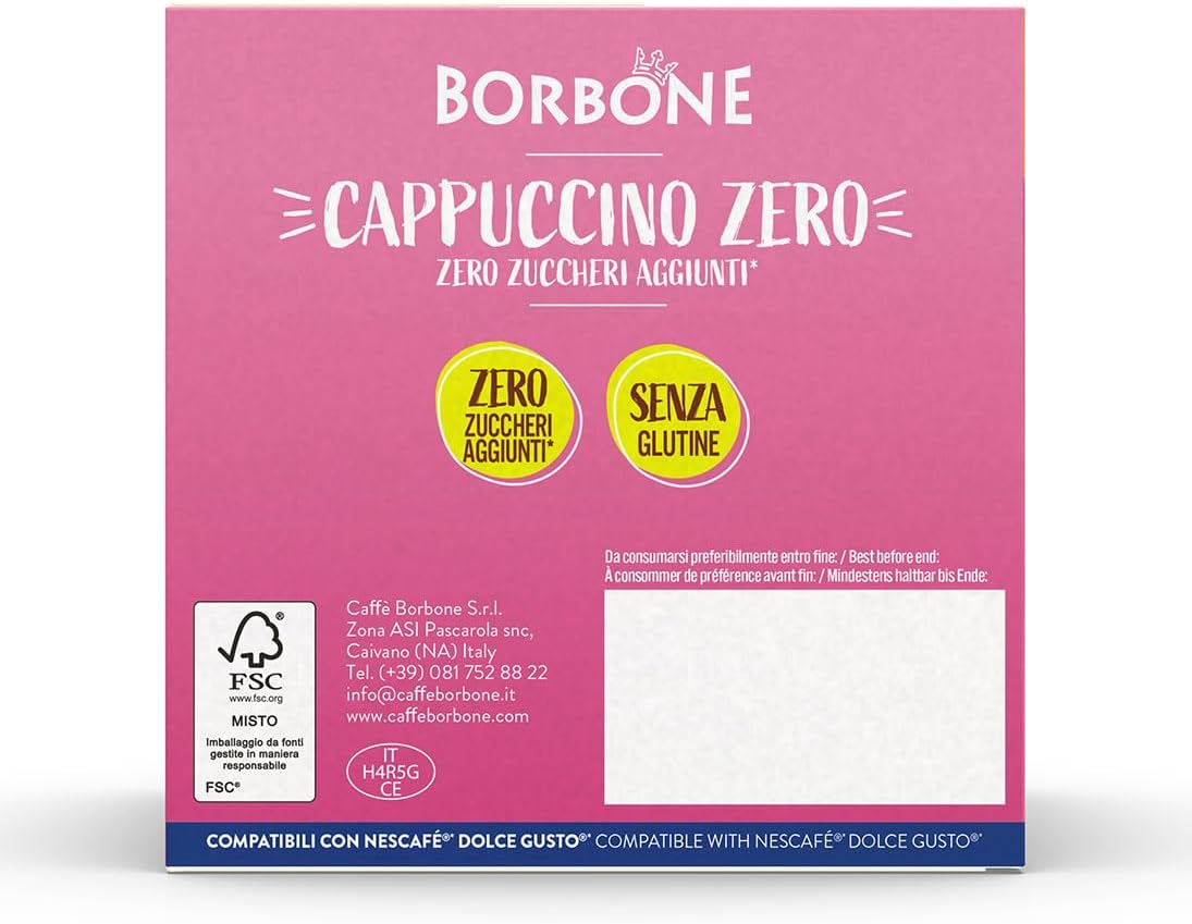 Caffè Borbone Cappuccino Zero - Zero Grassi, Zero Zuccheri, Zero Glutine - 16 Capsule - Compatibili con macchine ad uso domestico Nescafè®* Dolce Gusto®*