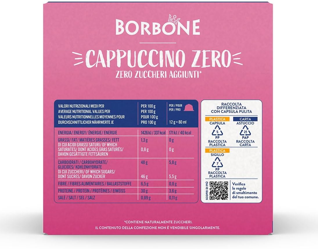 Caffè Borbone Cappuccino Zero - Zero Grassi, Zero Zuccheri, Zero Glutine - 16 Capsule - Compatibili con macchine ad uso domestico Nescafè®* Dolce Gusto®*