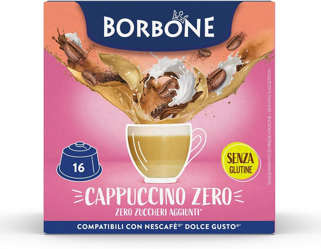 Caffè Borbone Cappuccino Zero - Zero Grassi, Zero Zuccheri, Zero Glutine - 16 Capsule - Compatibili con macchine ad uso domestico Nescafè®* Dolce Gusto®*
