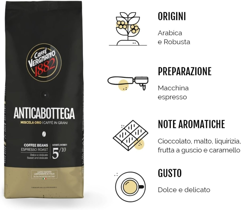 Caffè Vergnano 1882 Caffè in Grani Anticabottega, Miscela Oro - 1 confezione da 1 Kg