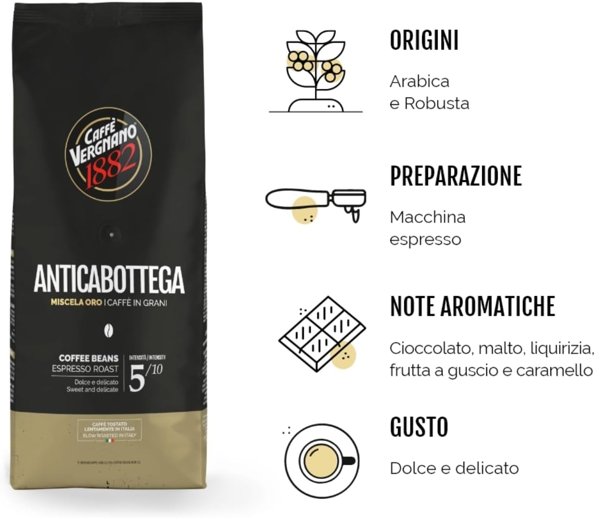 Caffè Vergnano 1882 Caffè in Grani Anticabottega, Miscela Oro - 1 confezione da 1 Kg