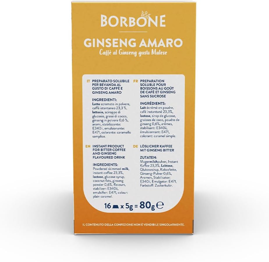 Caffè Borbone Ginseng Amaro - Senza Zuccheri aggiunti - 16 Capsule - Compatibili con macchine ad uso domestico Lavazza®* A Modo Mio®*