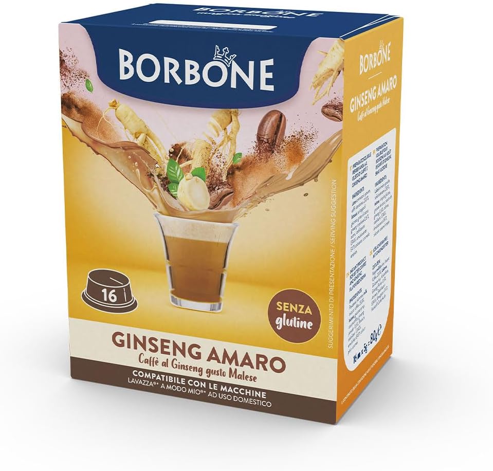 Caffè Borbone Ginseng Amaro - Senza Zuccheri aggiunti - 16 Capsule - Compatibili con macchine ad uso domestico Lavazza®* A Modo Mio®*