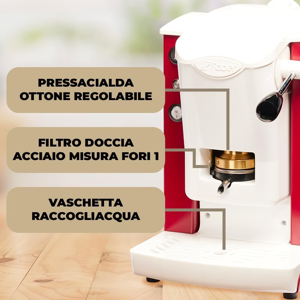 FABER COFFEE MACHINES | Modello Slot Plast | Macchina caffe a cialde ese 44mm | Colore Borgogna plastiche Bianco | Pressacialda in ottone