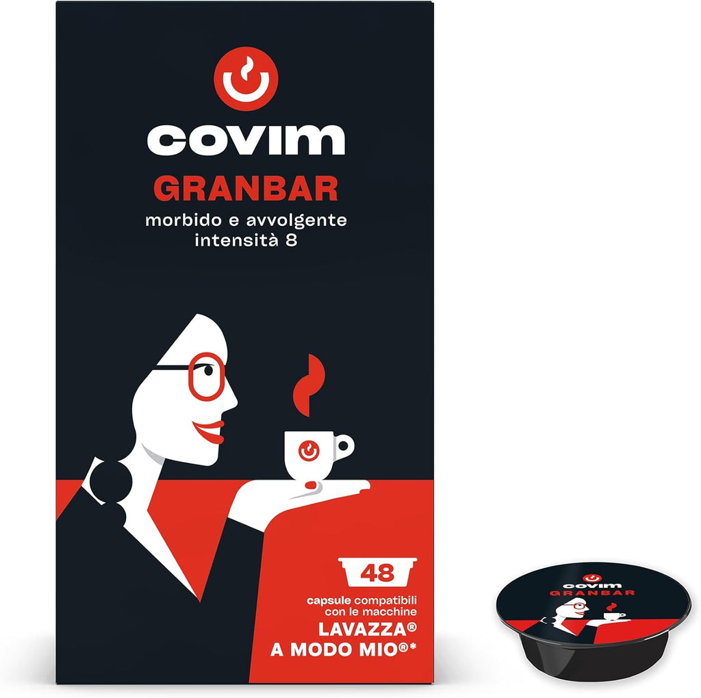 Covim Caffè - Capsule di Caffè Granbar, 96 Capsule Monodose (2x48pz), Intensità 8, Compatibili con Lavazza A Modo Mio, Espresso Intenso con Note di Miele e Cereali