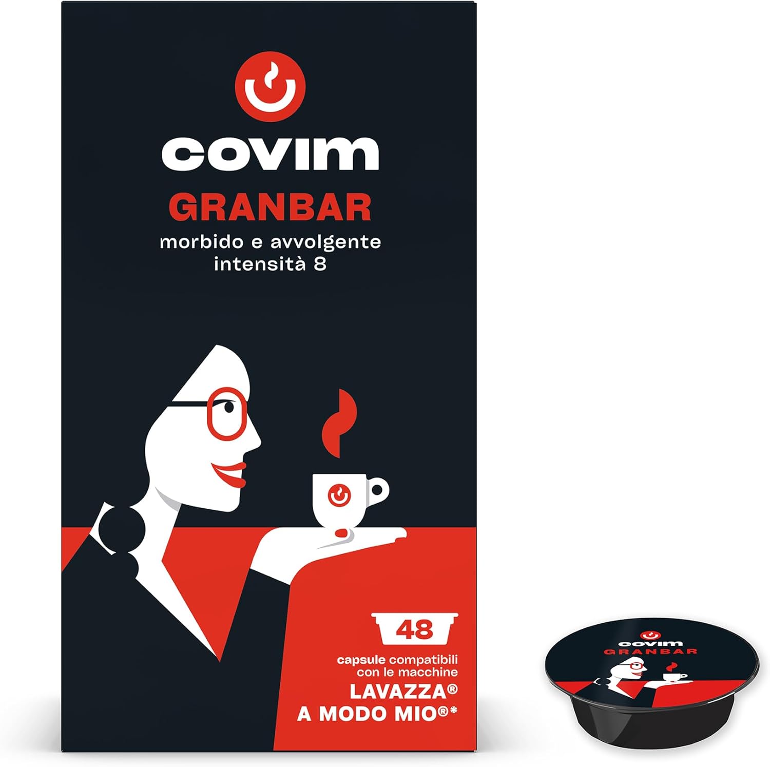 Covim Caffè - Capsule di Caffè Granbar, 96 Capsule Monodose (2x48pz), Intensità 8, Compatibili con Lavazza A Modo Mio, Espresso Intenso con Note di Miele e Cereali