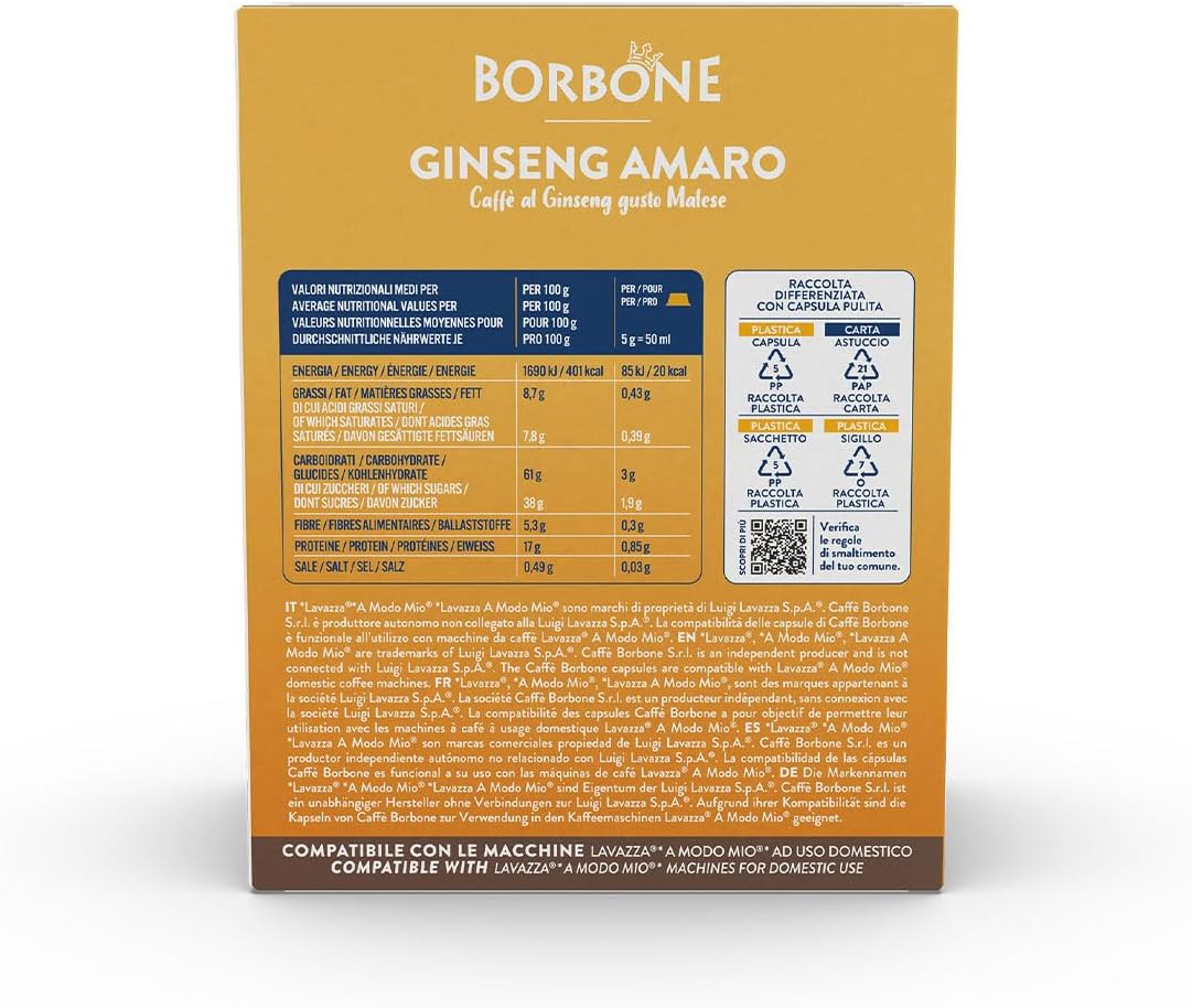 Caffè Borbone Ginseng Amaro - Senza Zuccheri aggiunti - 16 Capsule - Compatibili con macchine ad uso domestico Lavazza®* A Modo Mio®*