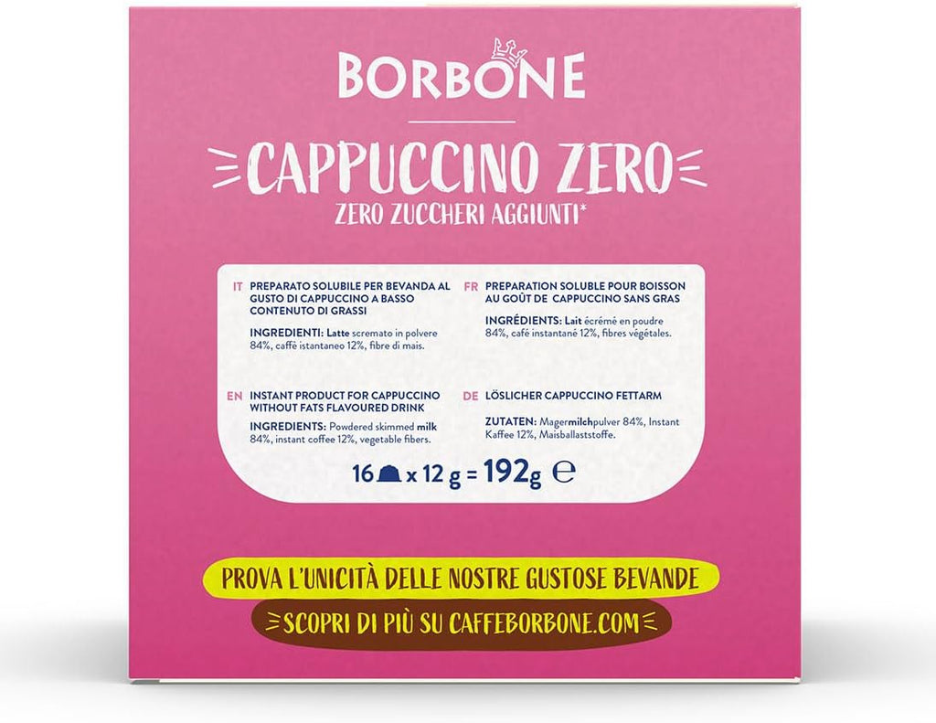 Caffè Borbone Cappuccino Zero - Zero Grassi, Zero Zuccheri, Zero Glutine - 16 Capsule - Compatibili con macchine ad uso domestico Nescafè®* Dolce Gusto®*