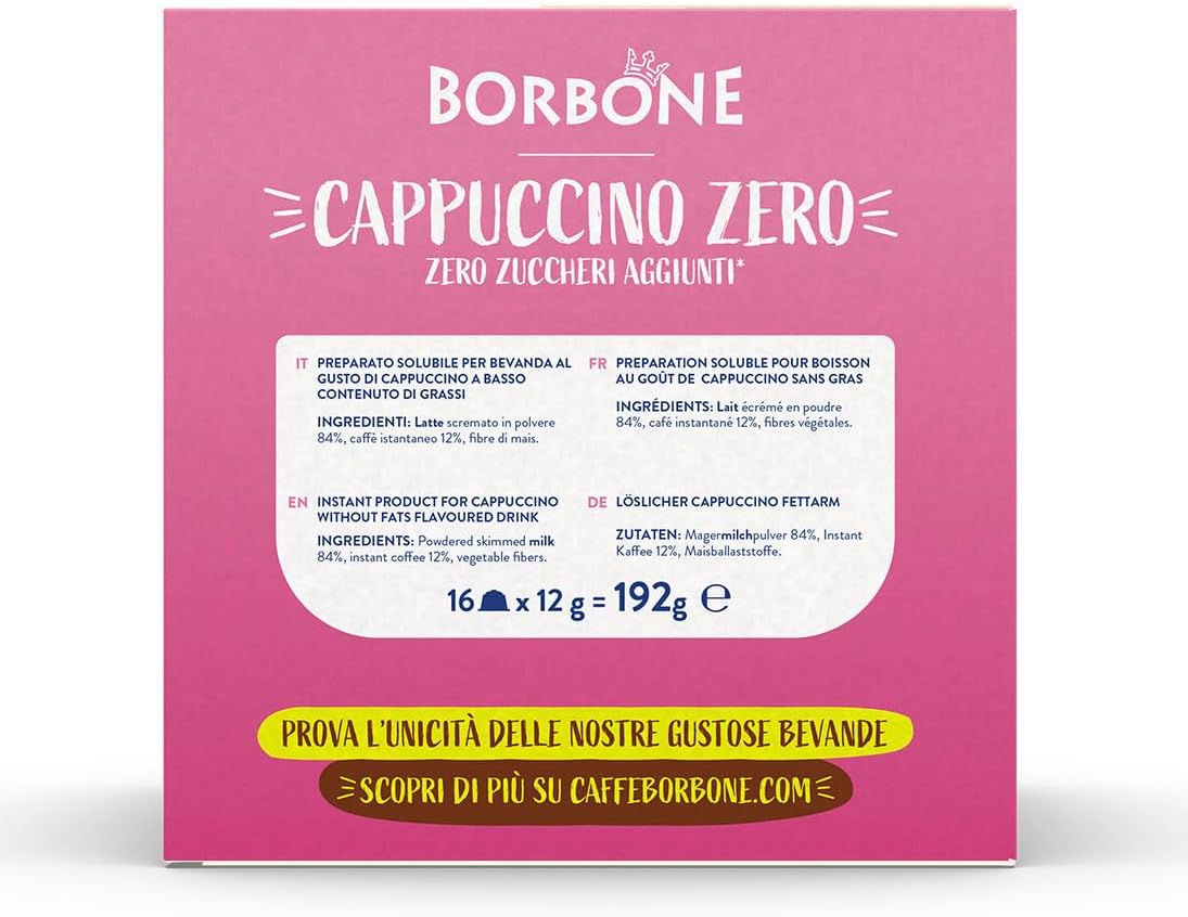 Caffè Borbone Cappuccino Zero - Zero Grassi, Zero Zuccheri, Zero Glutine - 16 Capsule - Compatibili con macchine ad uso domestico Nescafè®* Dolce Gusto®*