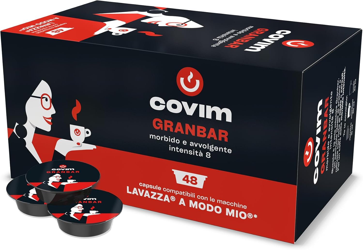 Covim Caffè - Capsule di Caffè Granbar, 96 Capsule Monodose (2x48pz), Intensità 8, Compatibili con Lavazza A Modo Mio, Espresso Intenso con Note di Miele e Cereali