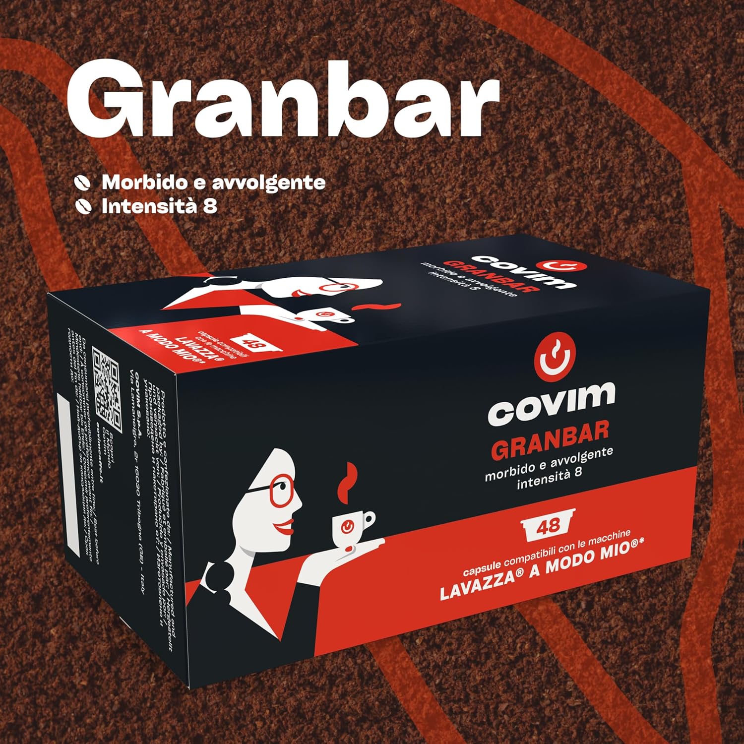Covim Caffè - Capsule di Caffè Granbar, 96 Capsule Monodose (2x48pz), Intensità 8, Compatibili con Lavazza A Modo Mio, Espresso Intenso con Note di Miele e Cereali